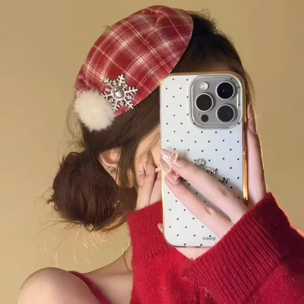 Fashion Snowflake Pompom Lady's Beret Plaid French Style Snowflake Hat Red Lightweight Pearl Chain Beret Photo Cute Accessories