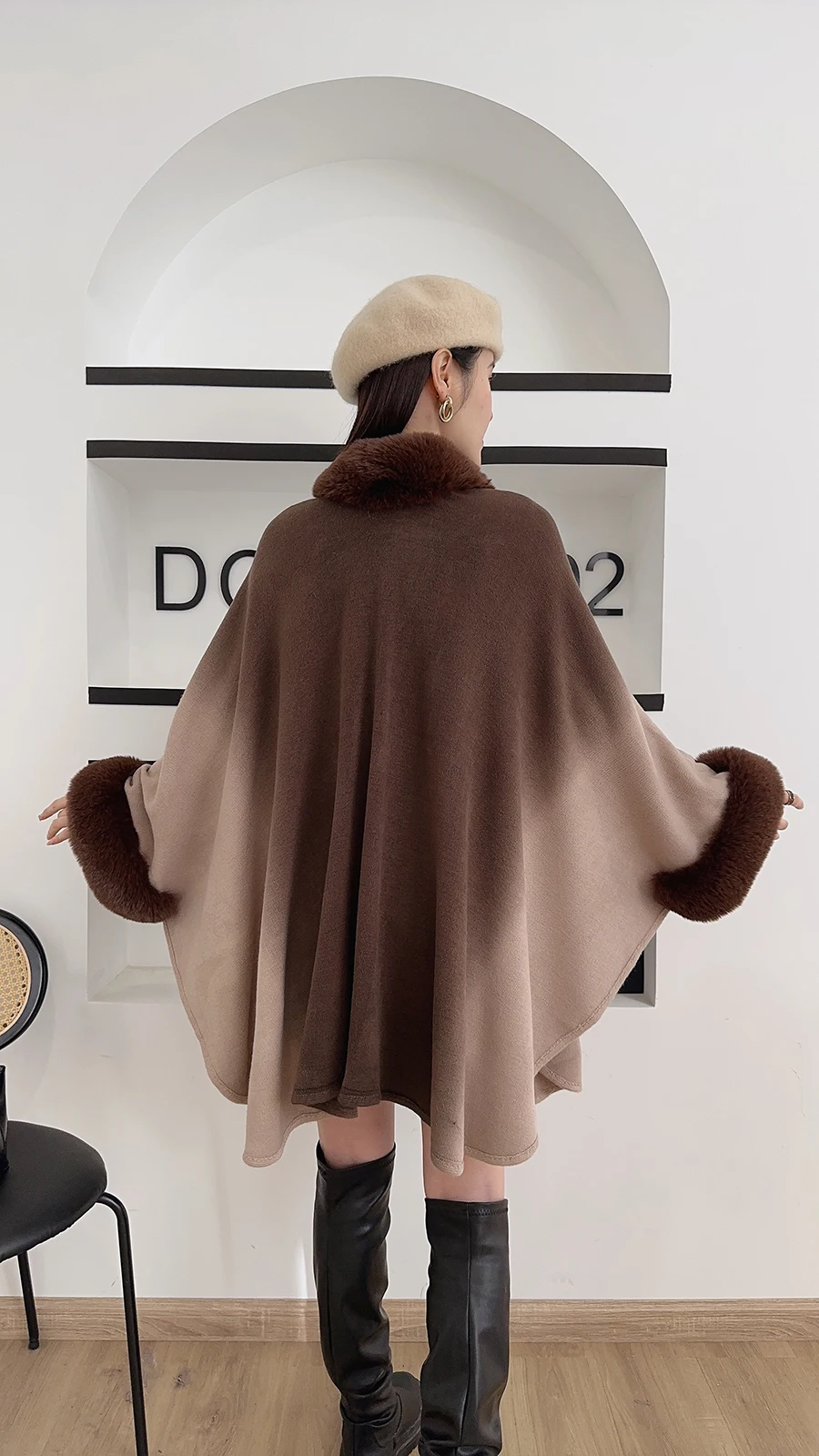 Gradient Colored Faux Fur Collar Shawl Cloak Coat with Looped Cuffs and Oversized Knitted Cardigan Cape Coat