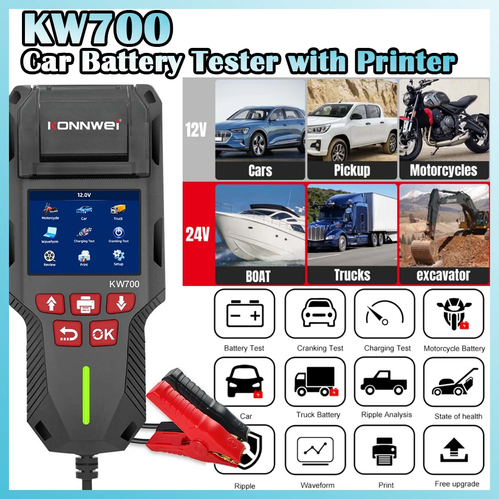 

KONNWEI KW700 12V-24V Car Truck Lead-acid Battery Tester with Printer to Check Voltage Internal Resistance with Multi-language