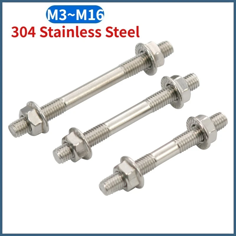 Beicai Double Threaded End Bolt Screw Both Dual Thread Stud Axle Rod And Serrated Flange Nuts Set SUS304 Stainless Steel M3-M16