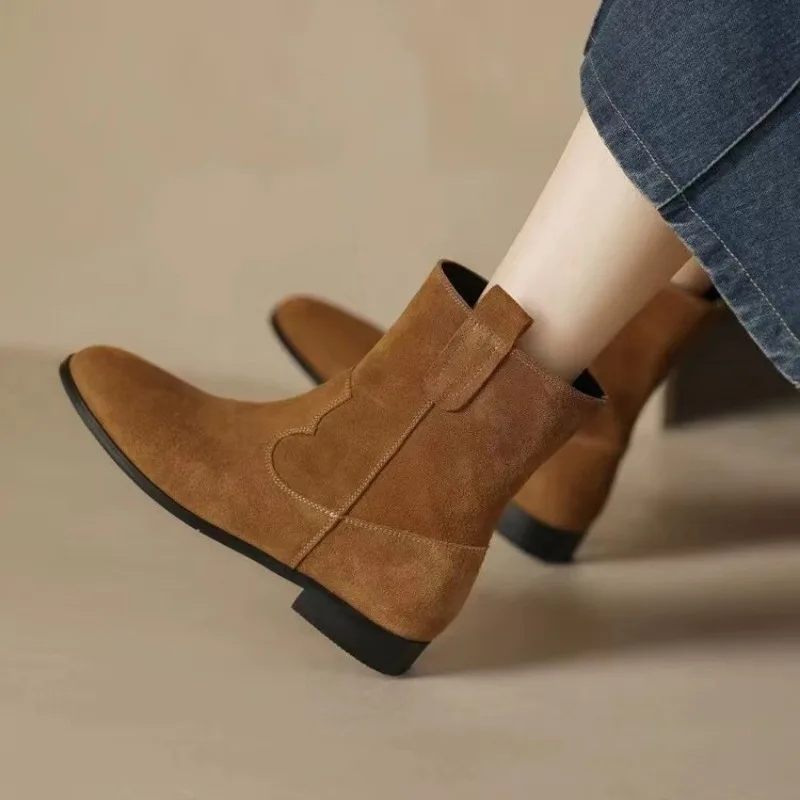 2023 Women Ankle Boots Suede Leather Round Toe Slip on Boots Office Lady Autumn Winter Soft Shoes for Female Retro Botas Mujer