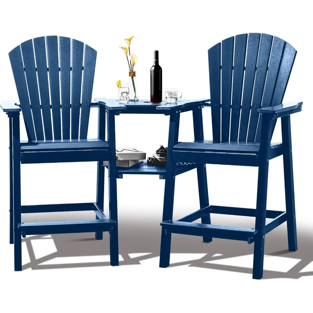 

Tall Adirondack Chairs Set of 2,Recycled Poly Balcony Chair with Double Connecting Tray Patio Stools Weather Resistant Navy Blue