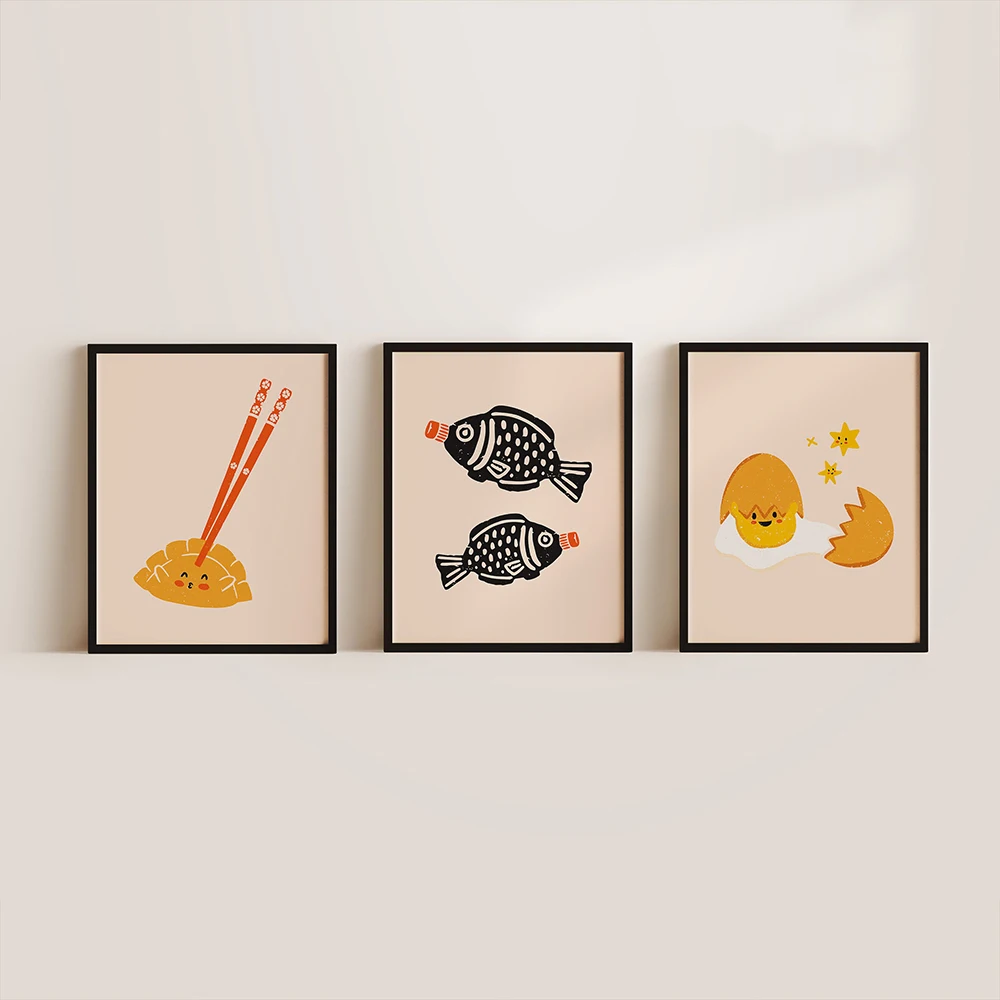 Modern Kitchen Decor Foods Cute Gyoza Egg Soy Sauce Fish Posters Nordic Canvas Painting Wall Art Print Pictures for Dinning Room