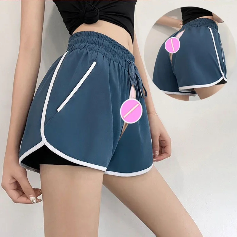 Invisible Open Crotch Outdoor Sex Pants Women 2 in 1 Run Shorts High Waist Athletic Biker Short Exercise Gym Workout Hotpants