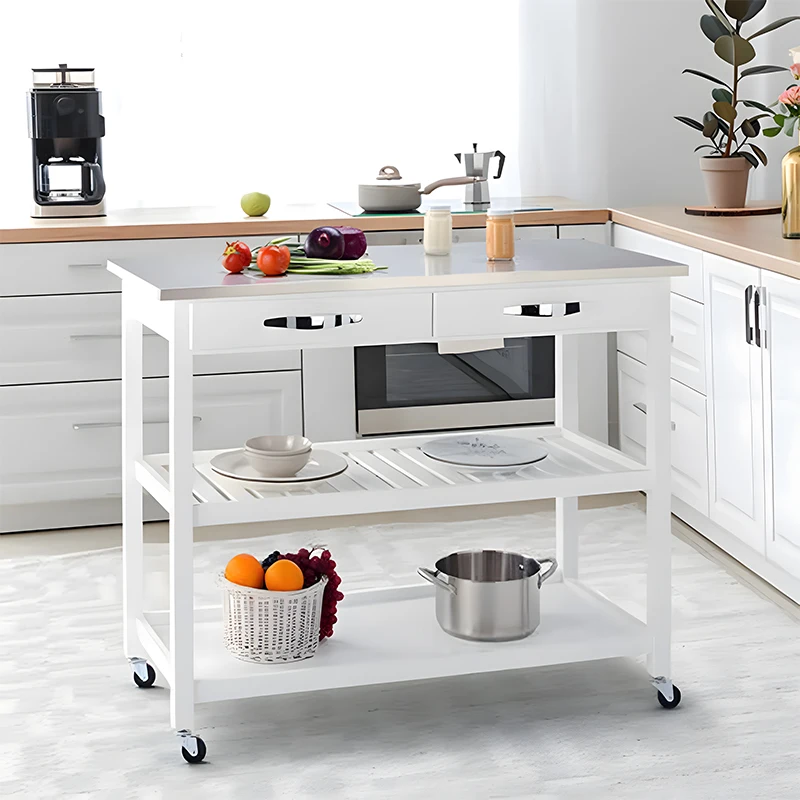 Kitchen Small Table Simple Wooden Island Car Wheeled Mobile Dining Car Multi-layer Storage Stainless Steel Side Cabinet