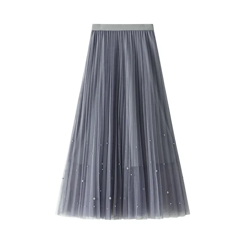 

New Yarn Skirt Spring Autumn Women's High Waist Slim A-line Skirt Studded Bead Pleated Mesh Mid Length Half Length Skirt