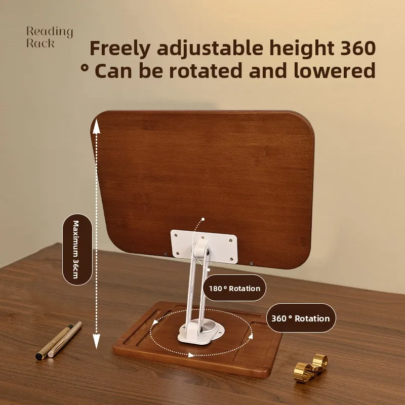 Adjustable Bamboo Base Rotating Reading Stand Multi-Function Desktop Elevating Book Holder for Kids Study Book Rest