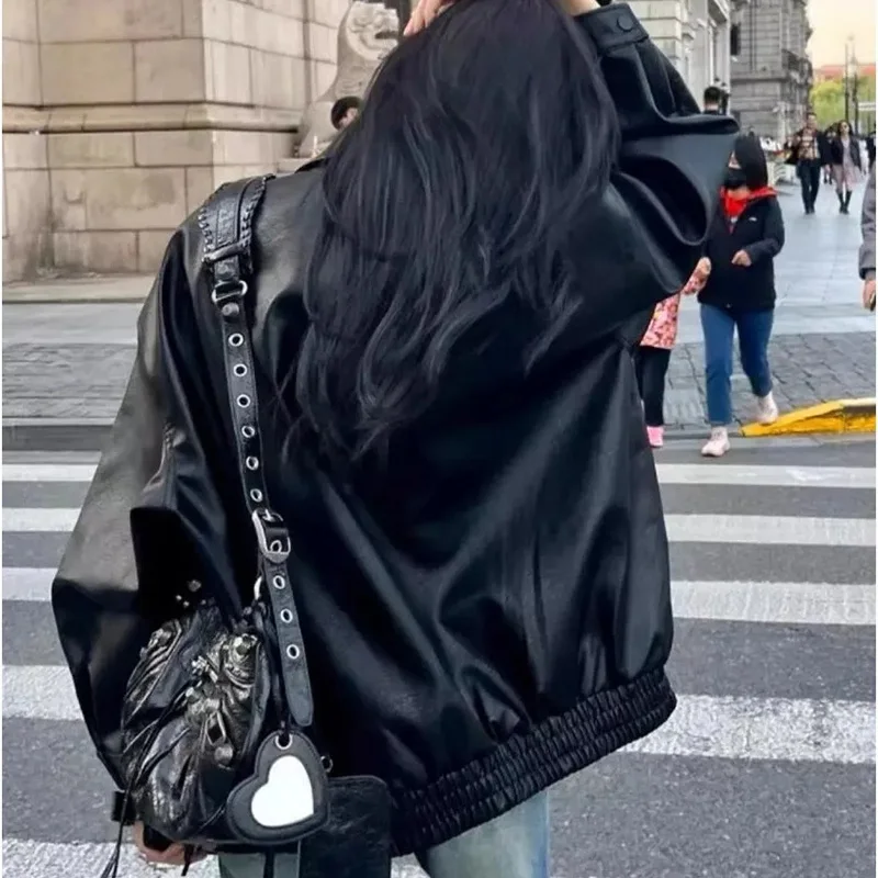 Vintage Pu Jacket Women Korean Fashion Casual Loose Tops Spring Streetwear Motorcycle Black Imitation Leather Jacket Female Coat