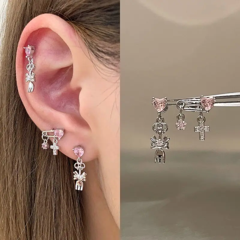 Sweet Cool Fashion Pink Zirconia Love Cross Fork Design Sense Ear Bone Nails Titanium Steel Earrings Ear Accessories Jewelry