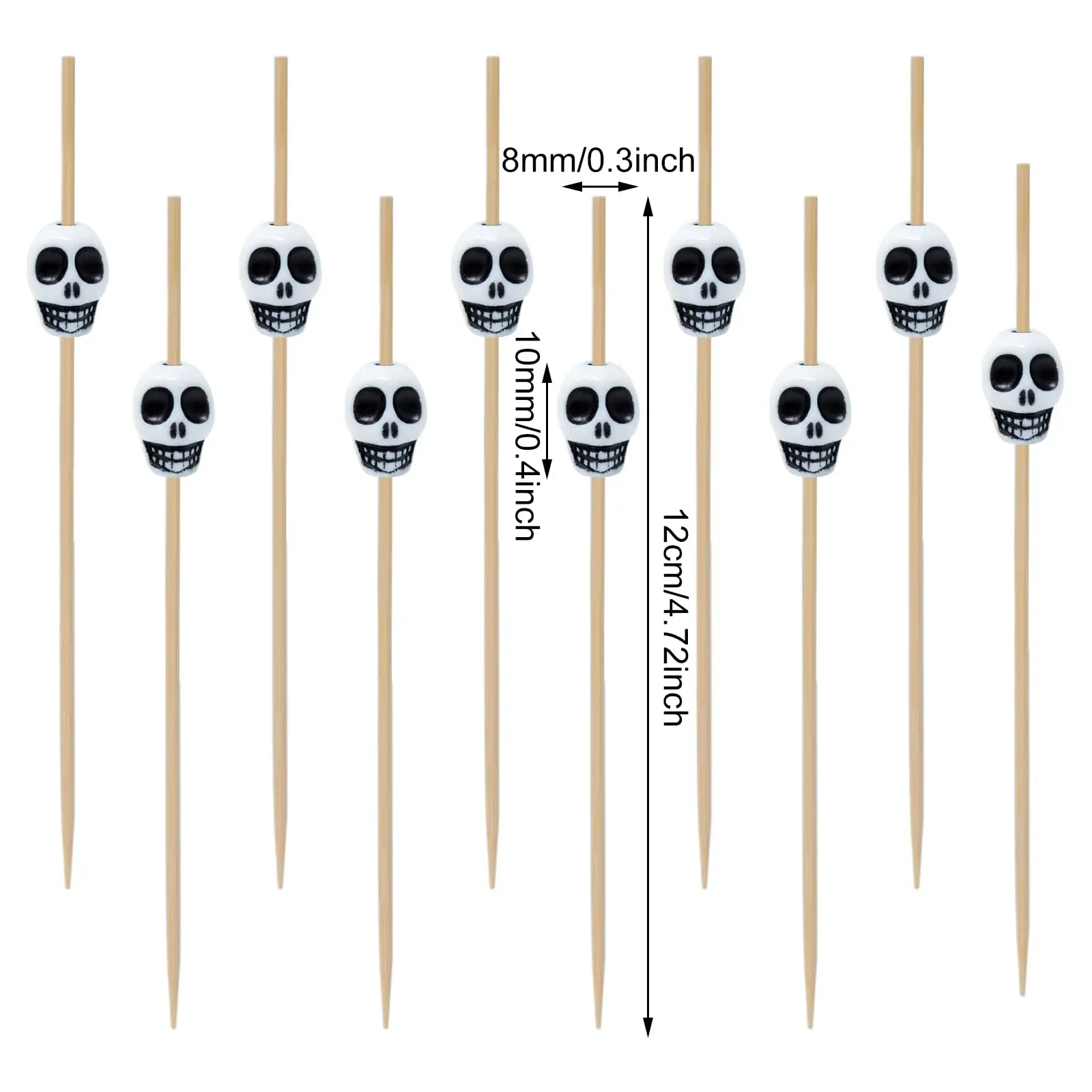 50PCS Halloween Skull Head Bamboo Cocktail Picks Fruit Food Hamburger Toothpicks Cupcake Toppers Sandwich Appetizer Decorative