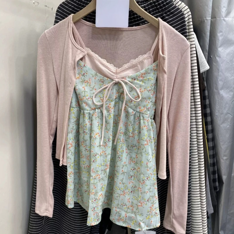 Sweet Lolita Fake Two Piece Shirts Female Slim Elegant Lace Bow Blouses Japanese Harajuku Y2K Kawaii Cute Tees Street Clothing