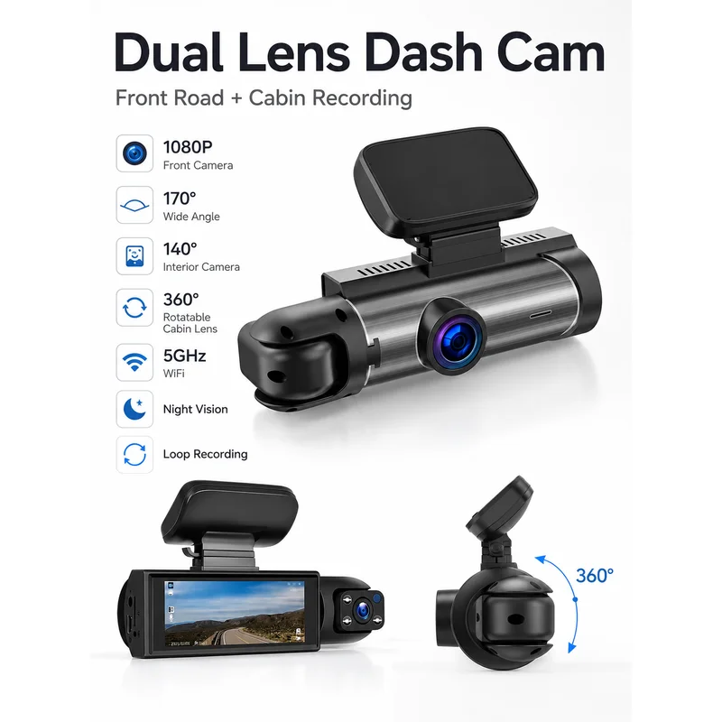 Dash Camera Dual-lens Recording WiFi Car DVR with 1080P  HD Camera 170° Wide-angle Loop Recording Night Vision Motion Detection