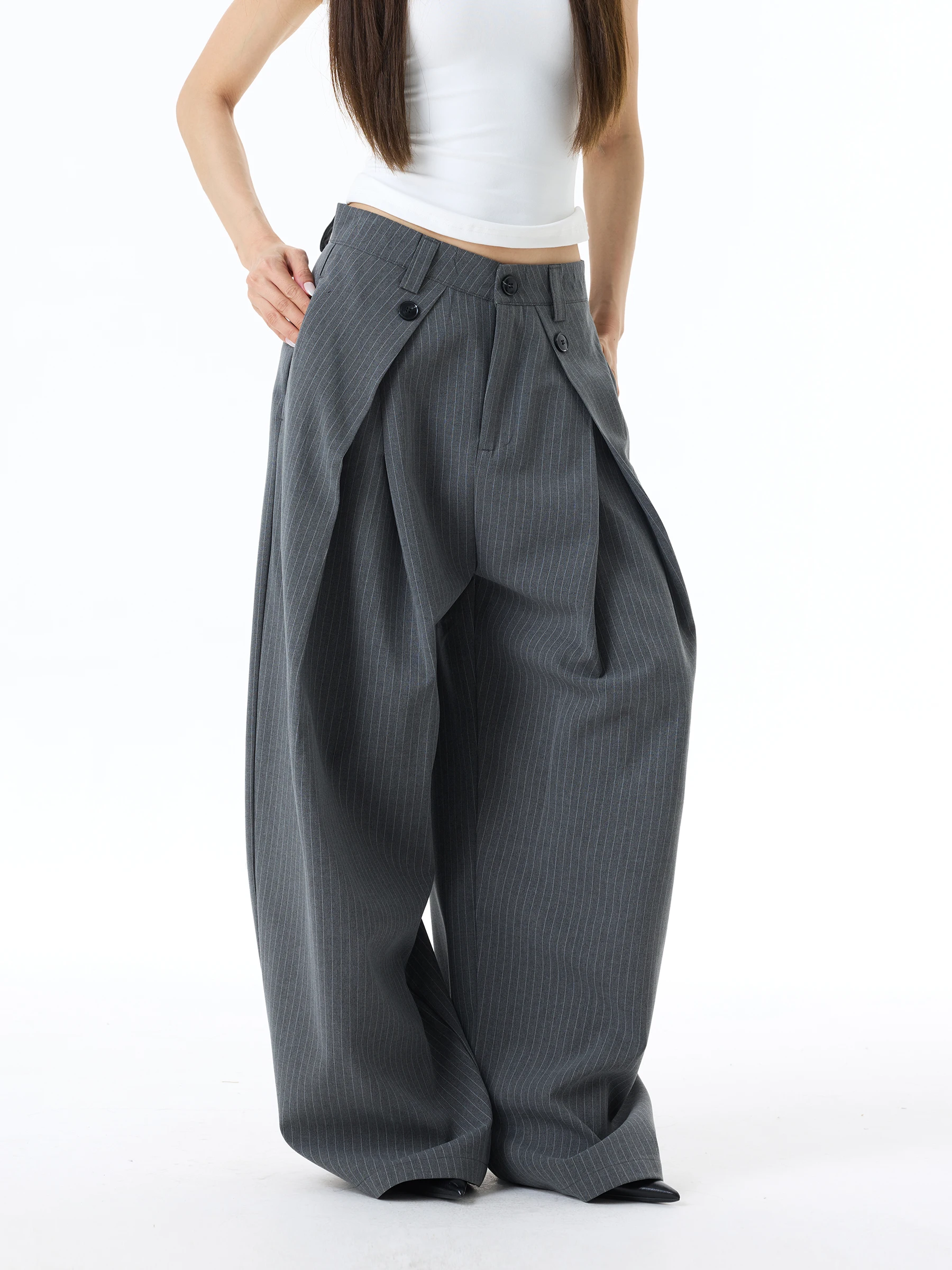 

WLNEXT American High-End Pleated Casual Striped Men's And Women's Loose Wide Leg Pants Couples Trendy High Waist Zipper