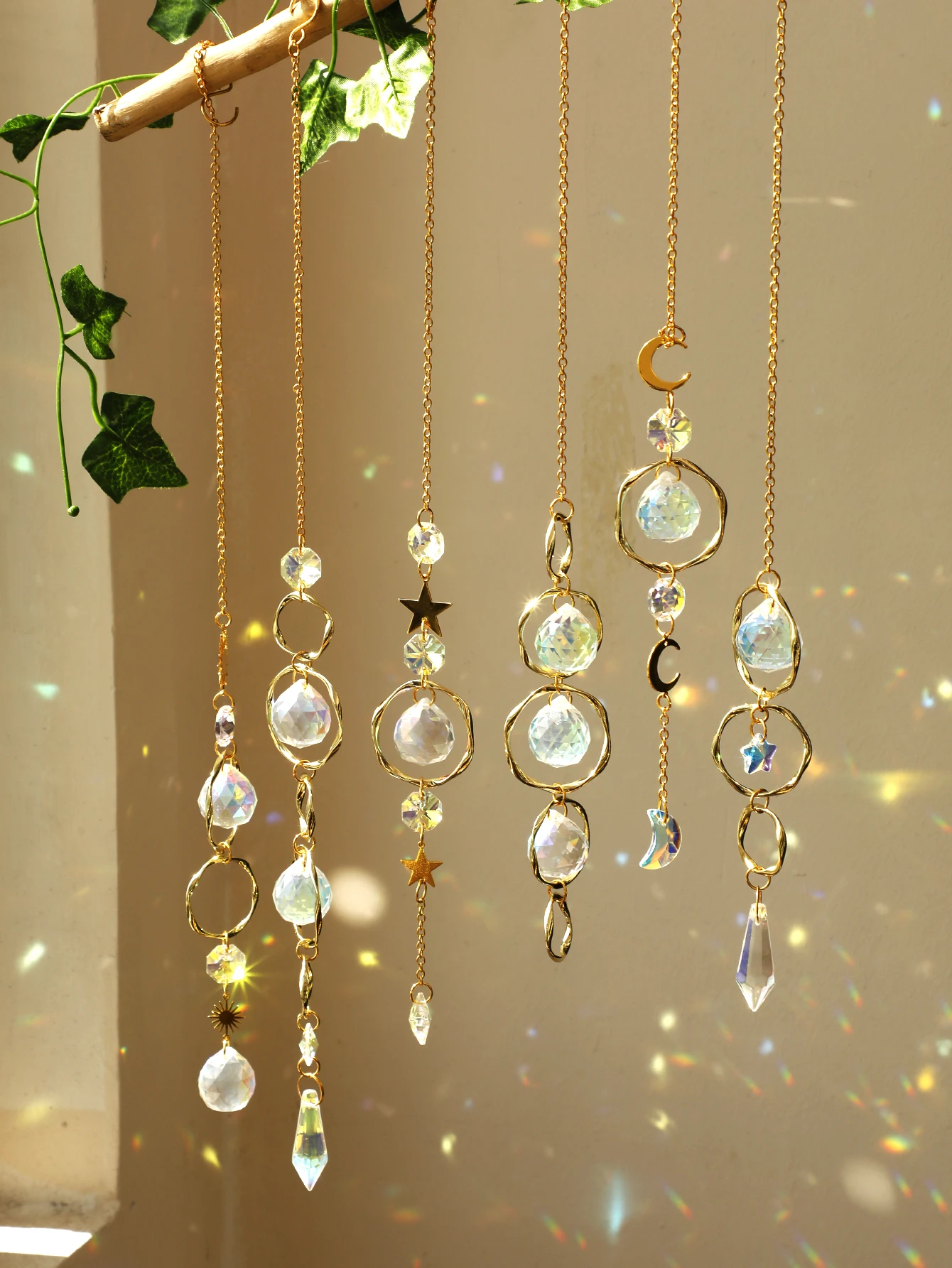 Boho Sun Catcher Hanging Ornaments Handmade Crystal Sun Catchers with Gold Chain for Window Wall or Garden Decor Wind Chimes