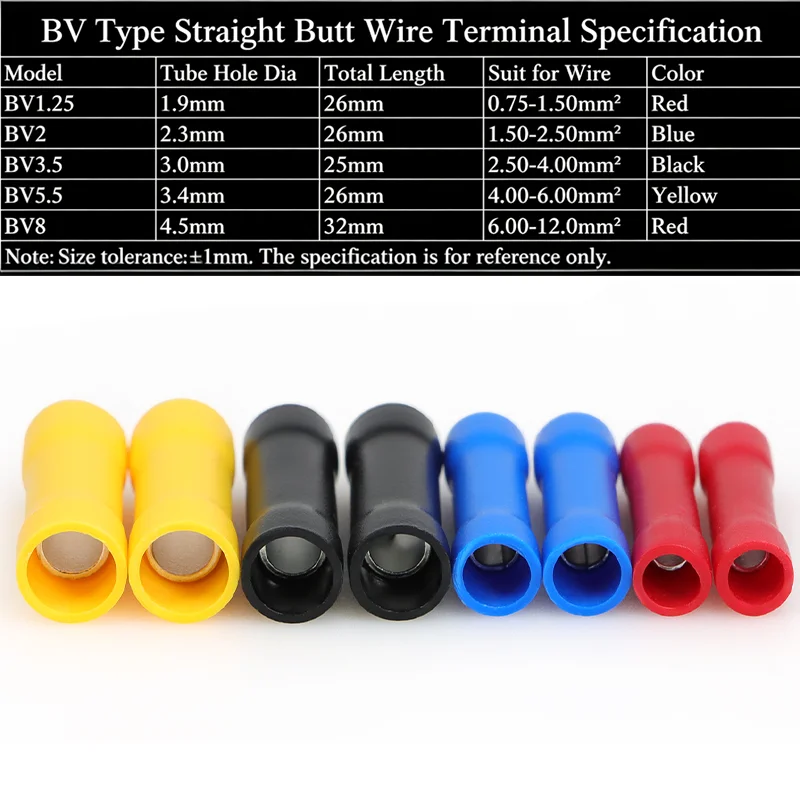 10~200pcs  BV1.25 BV2 BV3.5 BV5.5 BV8 Straight Butt Wire Terminals Splice Insulated Crimp PVC Copper Tube Electrical Cable
