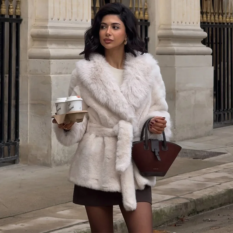 TARUXY luxueux vison fausse fourrure de renard manteau femmes mode élégant grand col de fourrure longue mince à lacets veste de fourrure hiver femme manteau