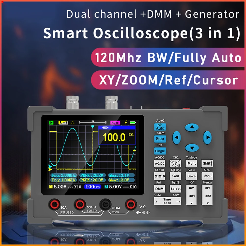 

3in1 Oscilloscope Multimeter Signal Generator 3.2inch IPS Display Oscope Meter 120Mhz 250MSa/s Dual Channel Oscillometer