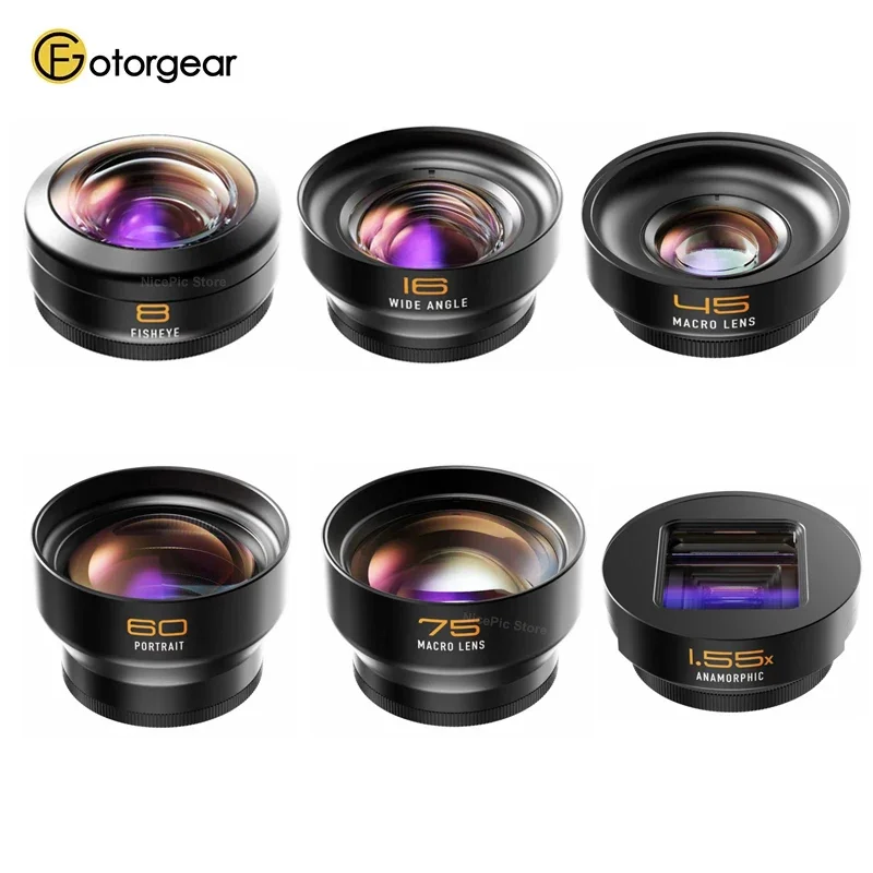 Fotorgear Pro ll T-Mount Fisheye Macro Wide-Angle Portrait 1.55X Anamorphic Len for Xiaomi iPhone Huawei Samsung Phone Lens