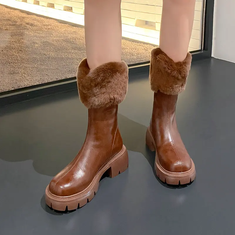 

Winter Warm Women Ankle Boots Genuine Leather Round Toe Wool Blend Thick Heels Back Zipper Casual Office Shoes Woman New