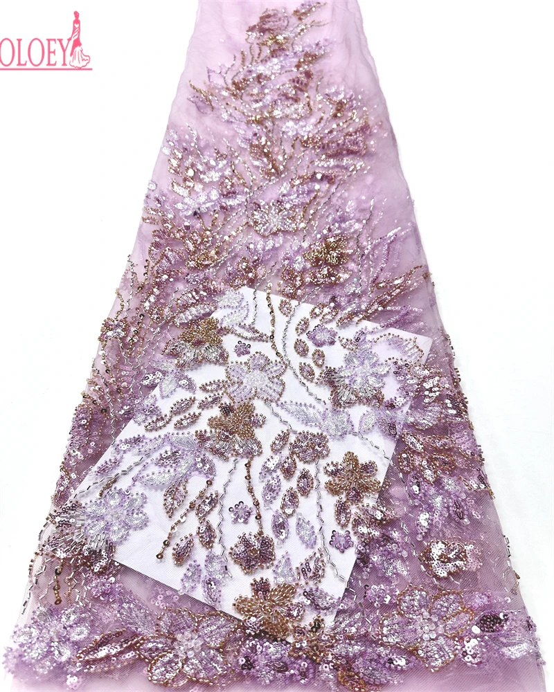 

African Beads Lace Fabric 2025 High Quality Nigerian Sequins Beads Lace Fabric French Laces Fabrics For Party Dress Sew