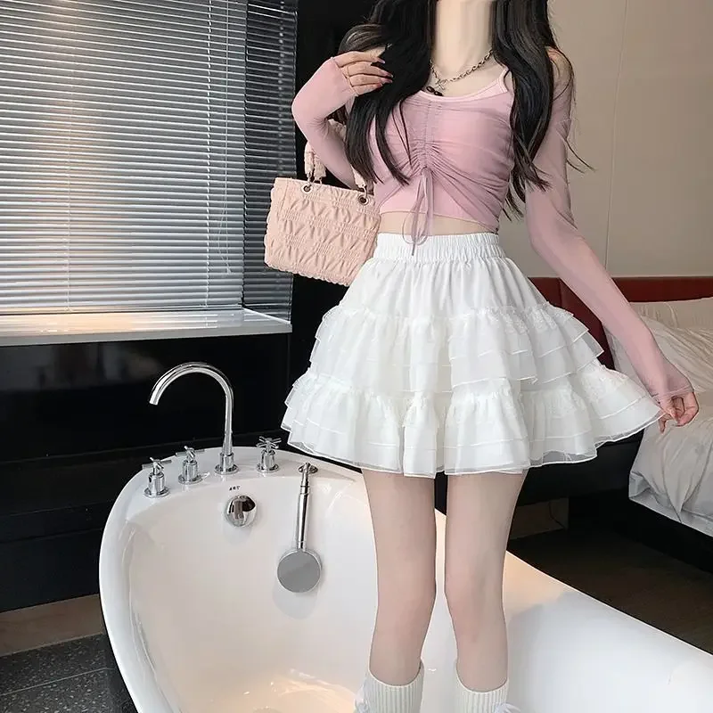 

Lace Ball Gown Skirts Women Simple Solid Streetwear Preppy Style High Waist Ins Sweet Faldas Kawaii Fashion Summer Girl Harajuku