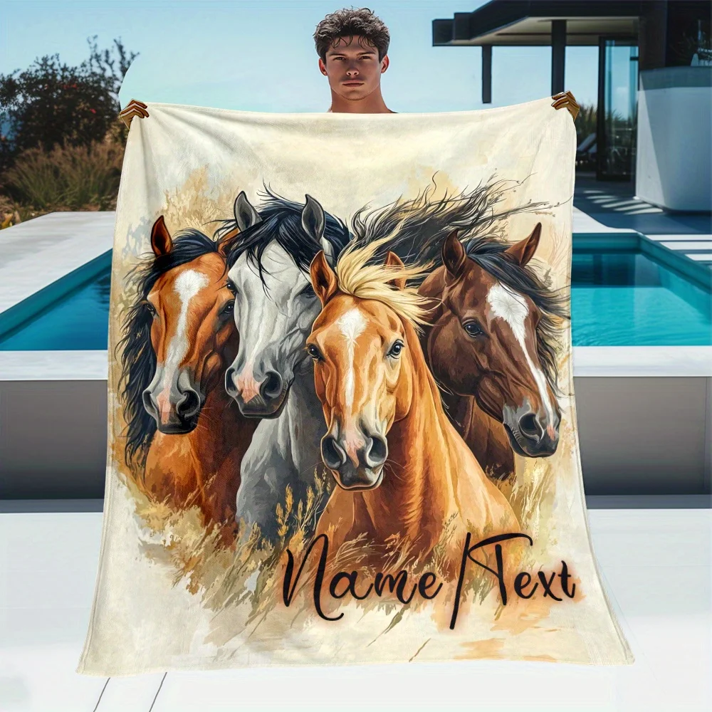 Personalized Horse Blanket Four Horses Artistic Portrait Custom Name Text Soft Fleece Throw Equestrian Gift Home Decor