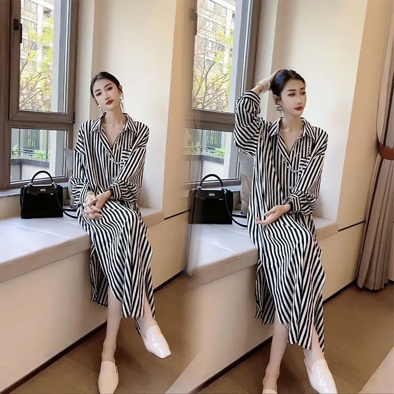 2026 New Summer Stripe Polo Collar Dress Women Loose Fit Long Sleeve Midi Tummy Control Sun Protection Robes