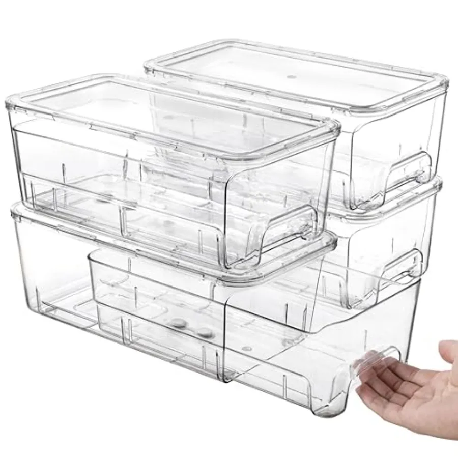 

Clear Stackable Storage Bins with Lids, 4 Pack Plastic Storage Containers with Handle for Pantry and Snack Organizers, Suitable