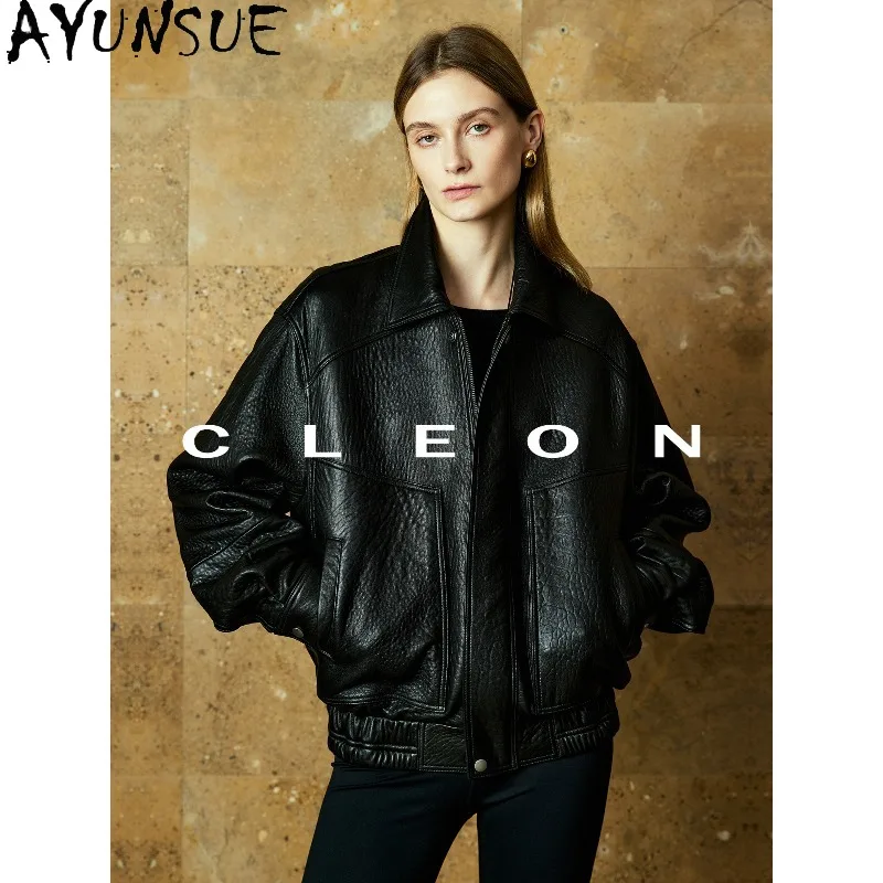 AYUNSUE Real Leather Jackets for Woman Fashion Lapel Outerwear Casual Loose Leather Jacket Woman Clothes Autumn Jaqueta De Couro