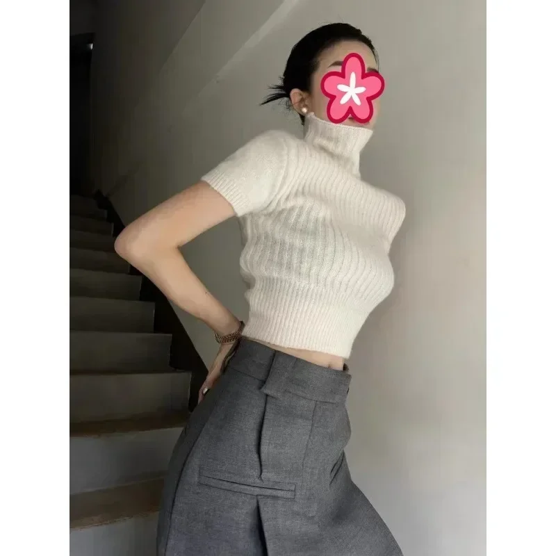 Grigio Ropa Mujer Pullover corto lavorato a maglia Donna Dolcevita Manica corta Tunica Maglione Pull Femme Moda Casual Y2k Maglione Top