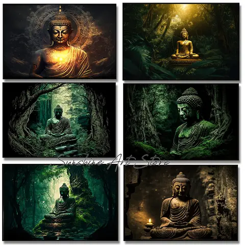 พระพุทธรูปในธรรมชาติ ศิลปะป่าไม้ พระพุทธรูปนั่งสมาธิแบบญี่ปุ่น งานศิลปะเซน โปสเตอร์เซนสมัยใหม่ ภาพพิมพ์บนผ้าใบ ภาพติดผนัง ของตกแต่งบ้าน