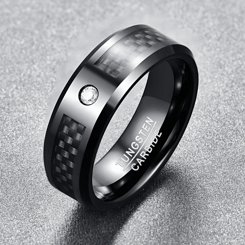 Nuncad  Black Carbon Fiber Oblique Angle Tungsten Steel Men  Electroplated Polished Crystal Wedding band Female Jewelry hot sell