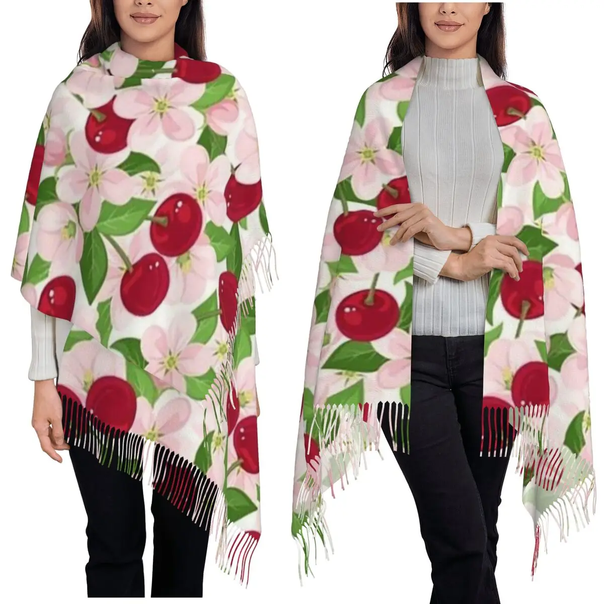 Charming Cherry Scarf Tassel Scarves Women Soft Warm Shawls and Wraps Long Fall Winter Shawl Wrap