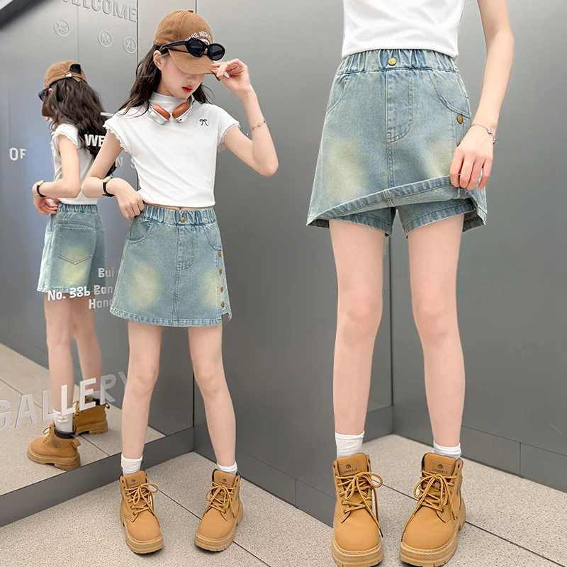 

Kids Children Fashion Summer Denim Protective Shorts Under The Skirt With Buttons for Teenage Girl Casual Mini Short Jeans Skirt