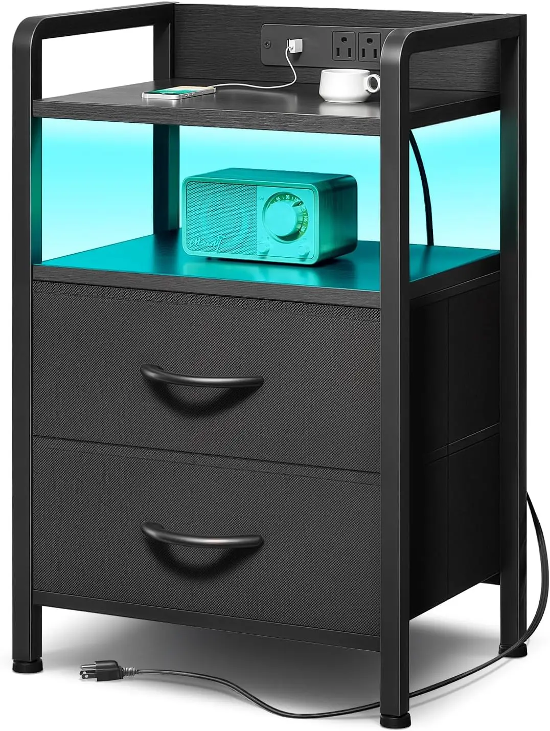 

Charger Bedroom - Nightstand With Charging Station & LED Light Strip, Night Stand With Storage Shelf & 2 Fab