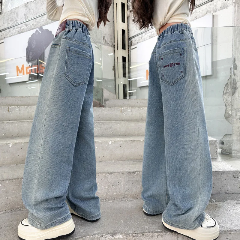 New Spring Autumn Teens Girl Dark Light Jeans Leisure Fashion Wide Leg Pants Kids Child High Waist Trousers 6 7 8 9 10 12 14 Y