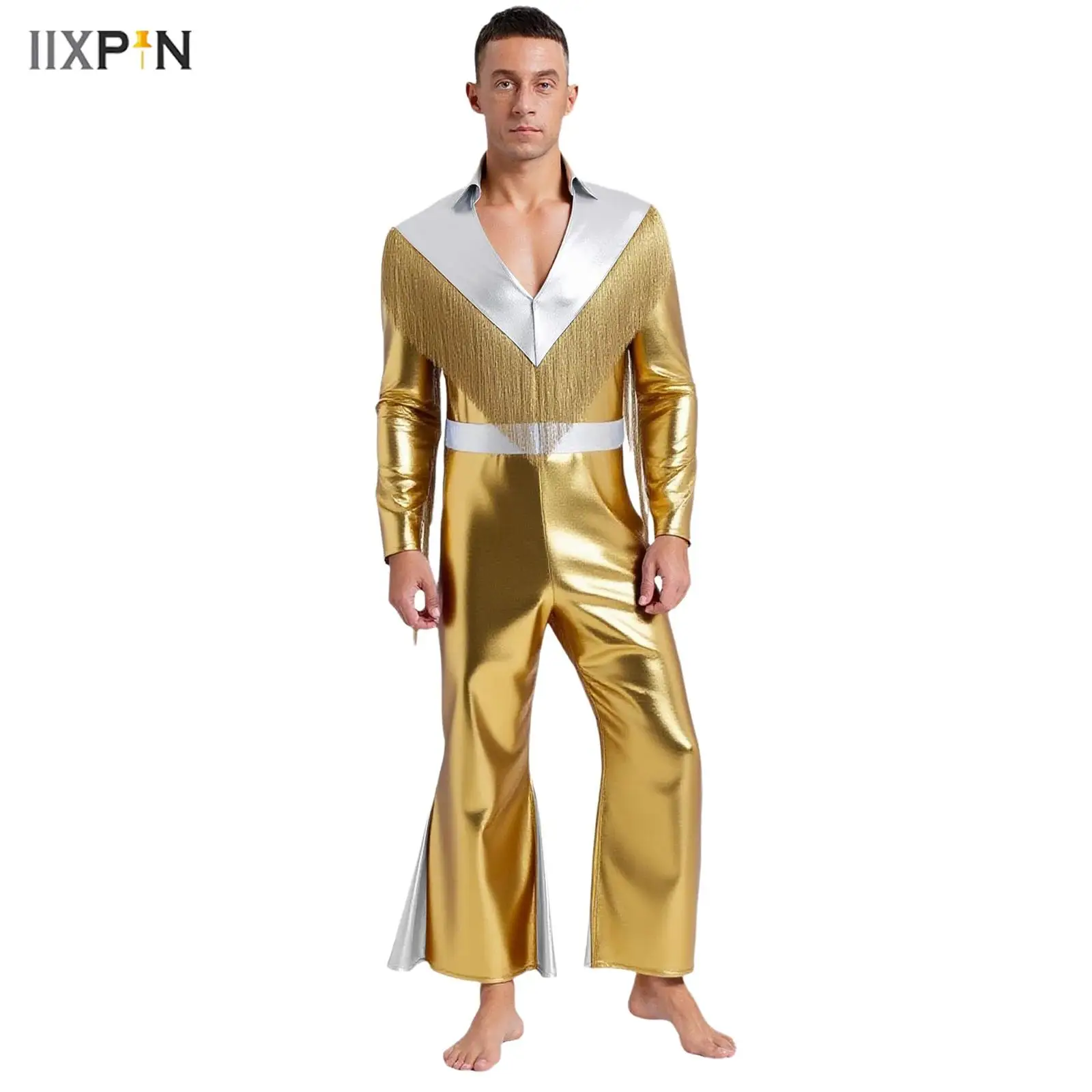 

Men's Disco Jumpsuit Metallic Shiny Color Block Tassel Lapel Flare Sleeve Wide Leg Pants Rompers for Halloween Cosplay Role Play