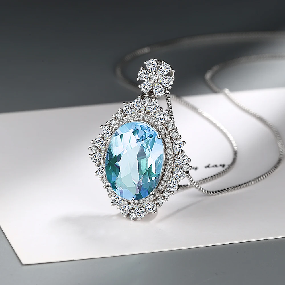 Sky Blue Topaz Stone Pendant 2.3 Carat Oval Shape Solitaire Natural Topaz 925 Sterling Silver Chain Necklace for Women