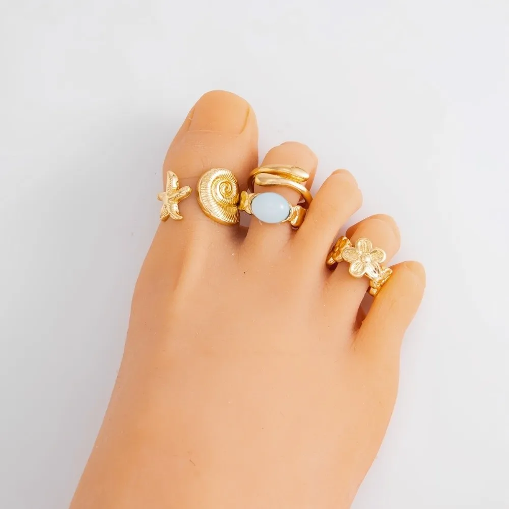 4Pcs/set Ocean Style Toe Ring Set Multi Shape Metal Base Starfish Ring Gem Inlay Stack Match Flower Toe Band Pool Leisure