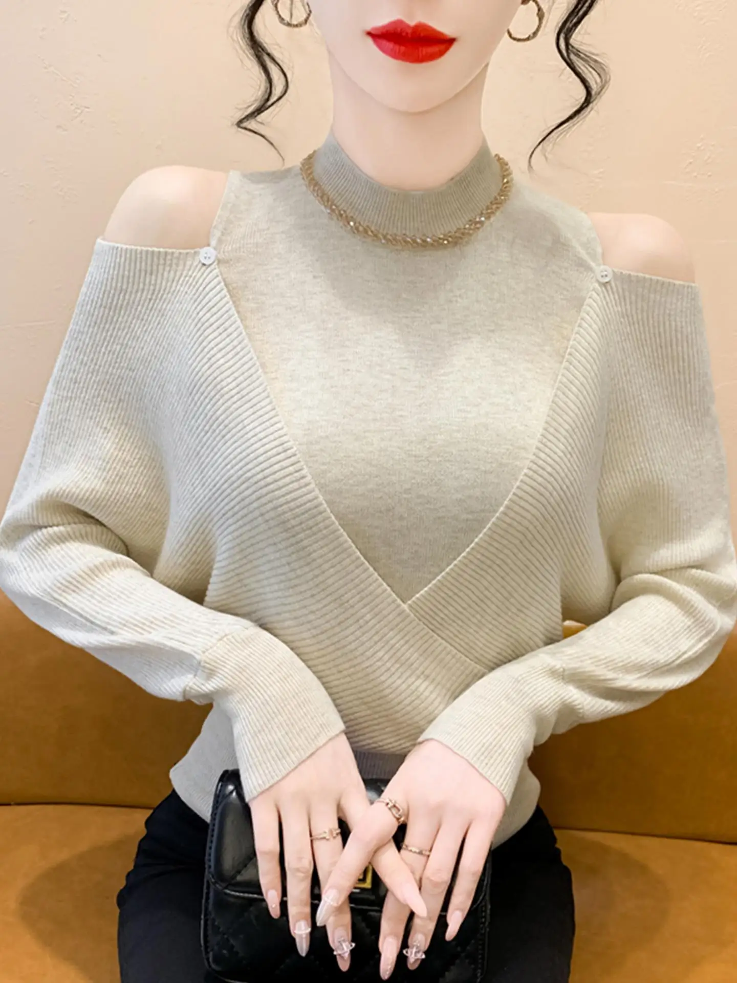 

Женский вязаный свитер с открытыми плечами и длинными рукавами, облегающий, для осени и зимы, базовый слой, трикотаж