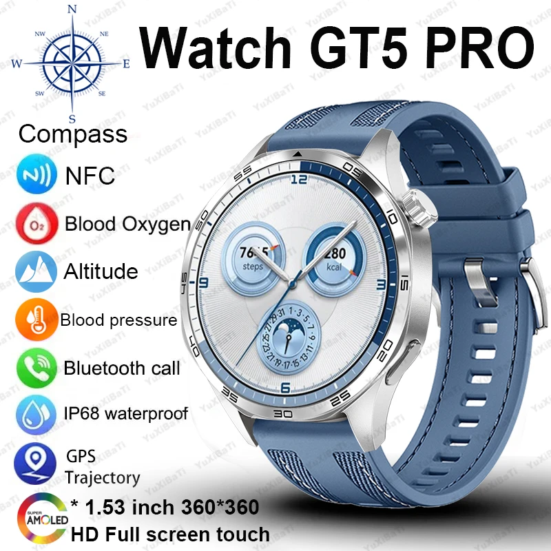 For HUAWEI GT5 Pro GPS NFC Smart Watch Men 360*360 AMOLED Screen Compass Heart rate BT Call IP68 Waterproof Man Smartwatch 2024