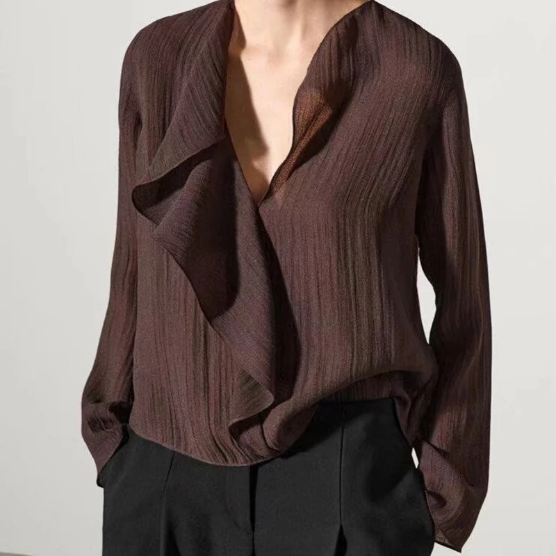 YENKYE Spring 2025 Women Brown Long Sleeve V Neck Ruffle Shirt Office Casual Blouse Blusas Mujer image 3