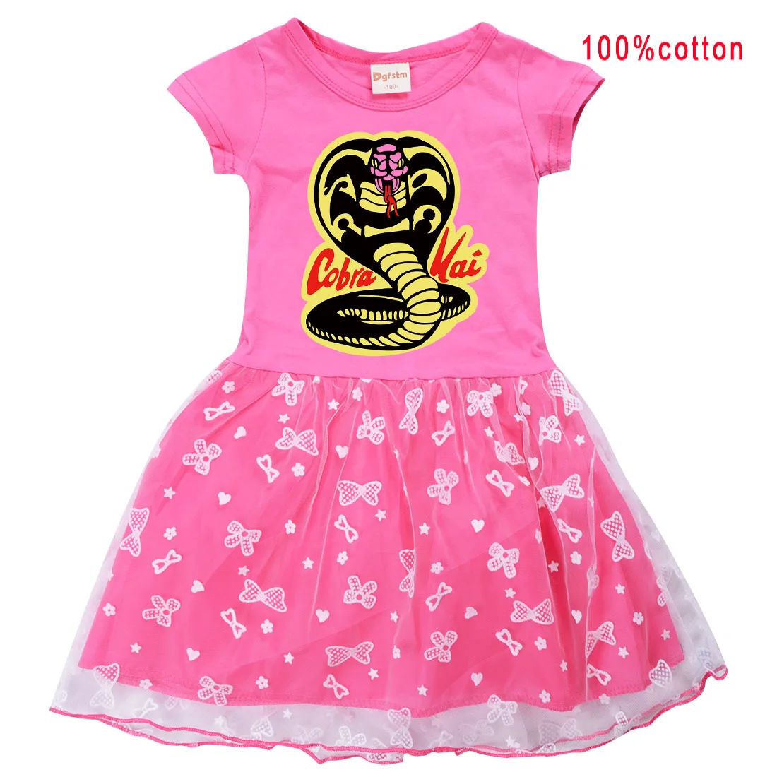 Cobra Kai Snak Summer Girls Kids T Shirt Colour Gauze Pleated Princess Patchwork Dress Baby Birthday party Child Clothes