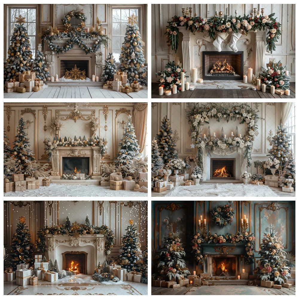 

Christmas Fireplace Background Xmas Tree Garland Gift Photography Backdrop Family Kids Holiday Party Banner Photo Studio