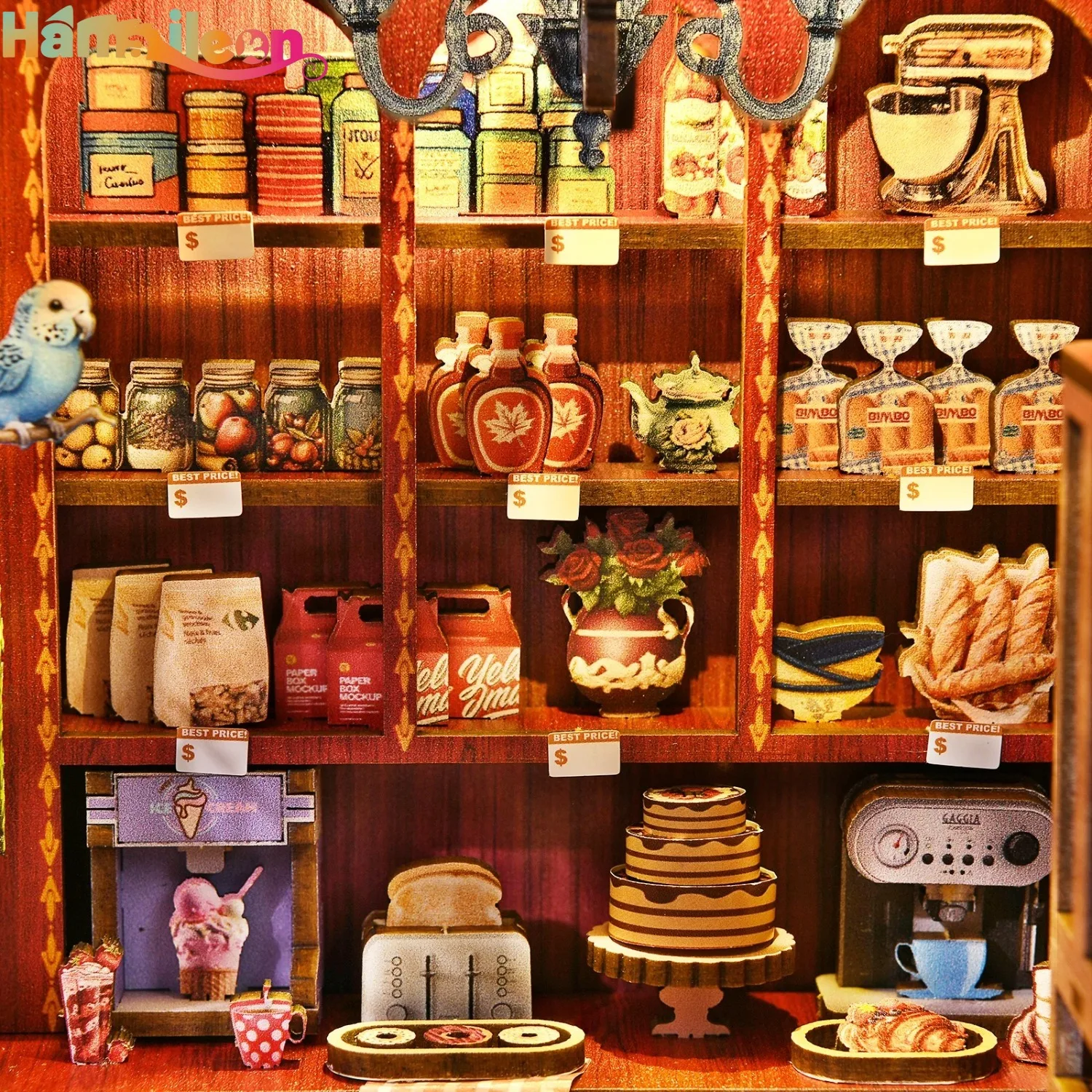 Hamaileon DIY Book Nook Kit 조명이있는 소형 나무 인형 집 책장 삽입 선물 용 3D 퍼즐 장식 모델 (Sweet House)