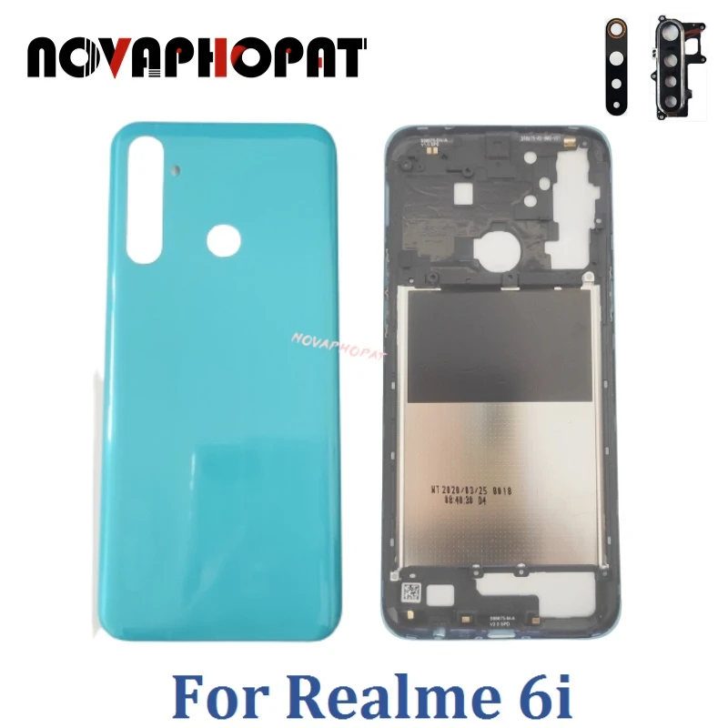 Novaphopat For Realme 6i RMX2040 Battery Cover Back Rear Door Case Back Cover Middle Frame Bazel Housing With Camera Glass Lens