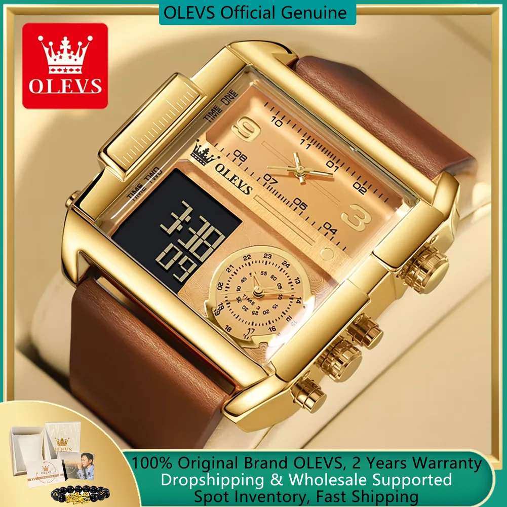 OLEVS Original Men\'s Smart Electronic Watches Leather Strap Waterproof Digital Watch 51*47mm Big Dial Wristwatch Sports Clock