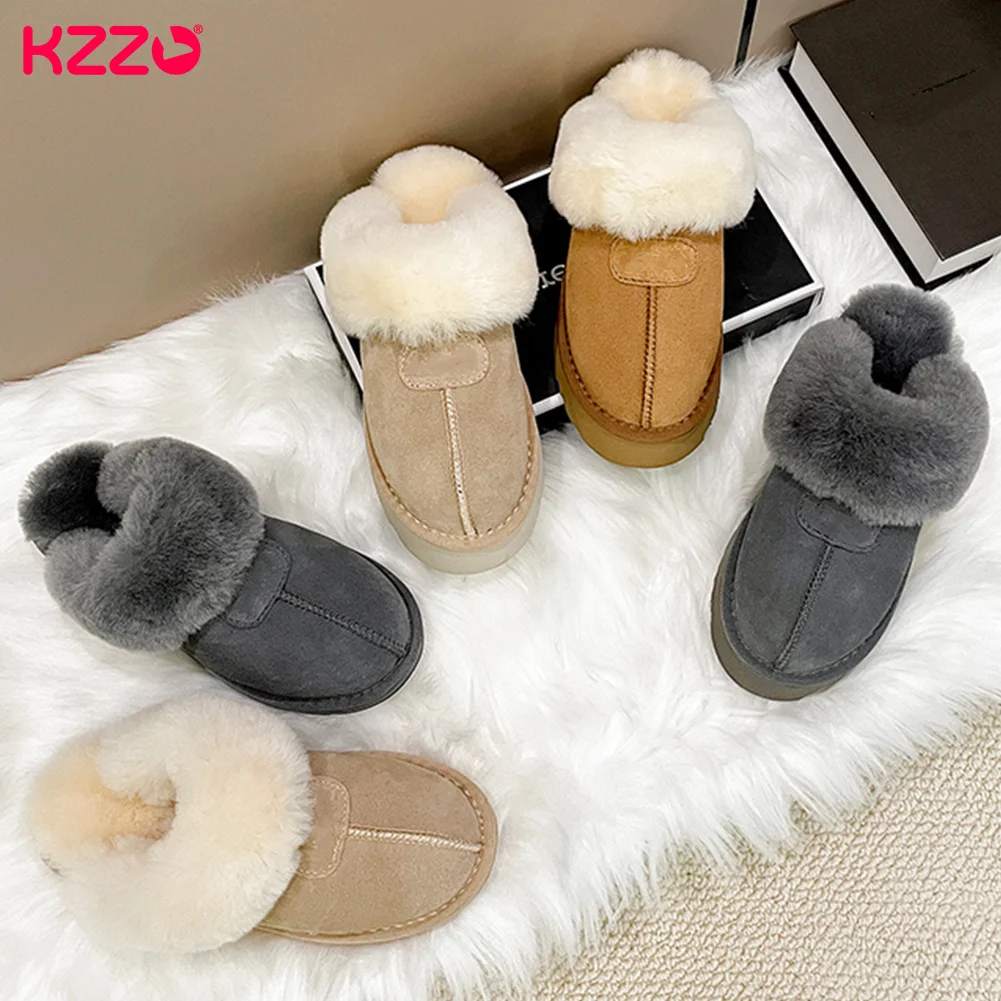 KZZO Fashion Winter Sheep Fur Home Platform Slippers Women\'s Thick Sole Casual Indoor Warm Natural Wool Shoes