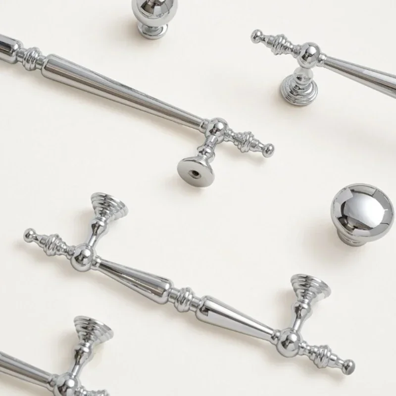 Cabinet Door Handles Chrome Plated Silver Furniture Handles French Wardrobe Pull Modern Minimalist Solid Single-Hole Drawer Knob
