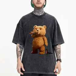 Cute Ted Bear Drinking Beer Poster Fun Printed Washed Cotton T-Shirt Men's Casual Short Sleeve Loose Thick Breathable T Shirt